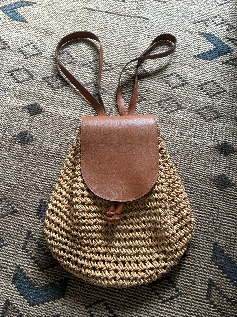 Woven Straw Backpack with Brown Leather Flap